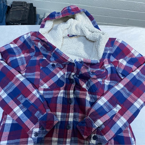 Hooded Fleece Lined Flannel Shirt Jacket Women’s Small Boston Traders Plaid EUC - Picture 5 of 10